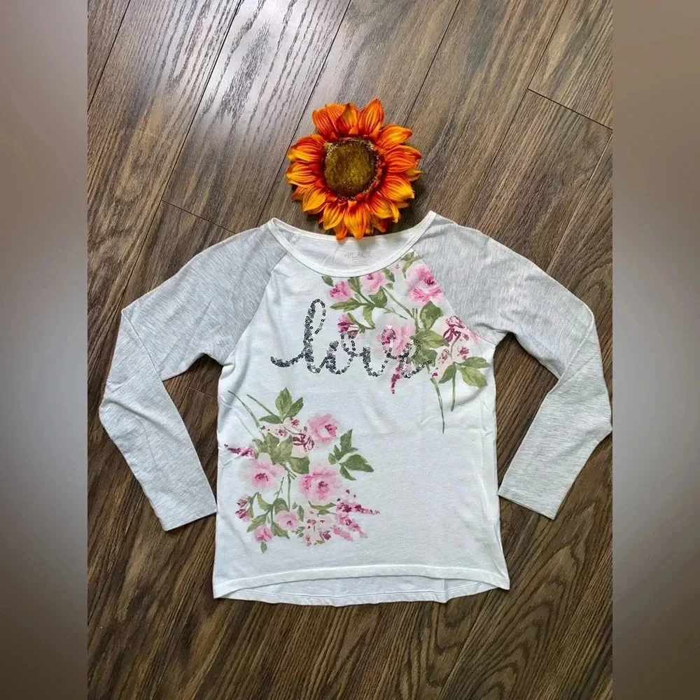 🌻5/$25🌻JUSTICE Sequined Love Long Sleeved Flower T-Shirt | 10/12 | - Picture 4 of 6